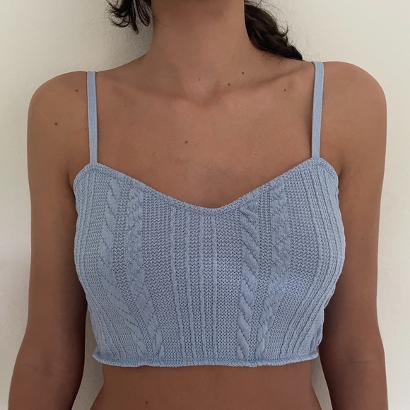 Zara Cable Knit Crop Top Tank Baby Blue M - Picture 1 of 5